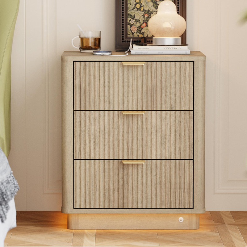 Table de chevet courbée avec éclairage de station de charge, table de bout en bois avec 3 tiroirs, Jaune, Individuel