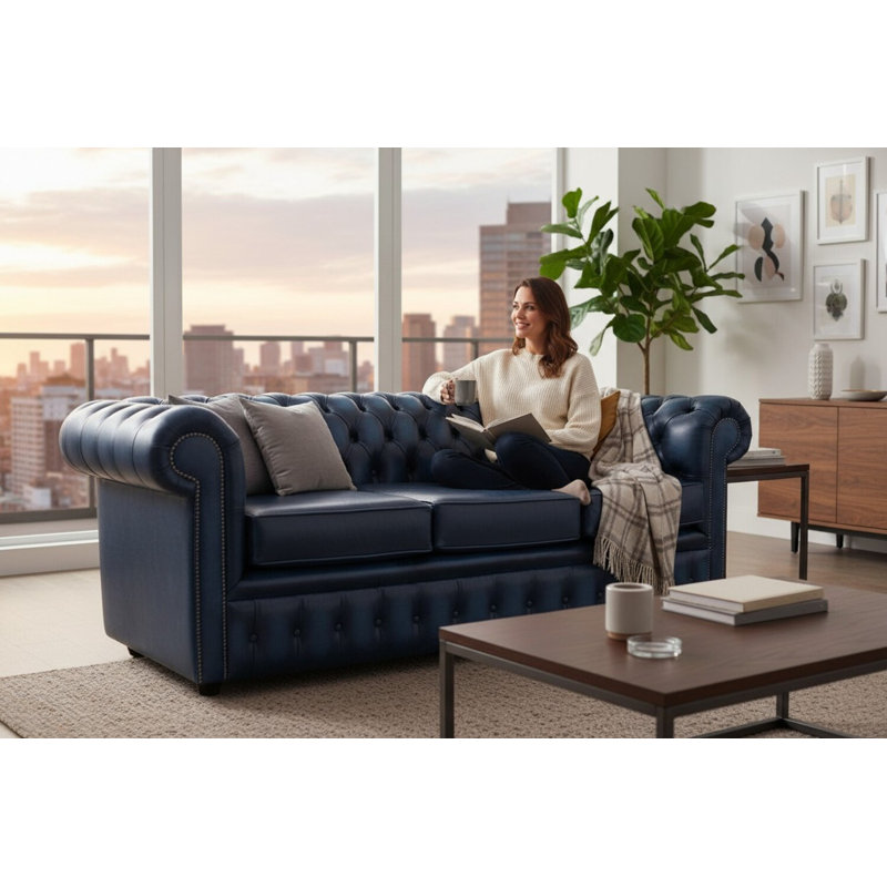  3 Seat Chesterfield Sofa In Antique Leather, Antique Blue