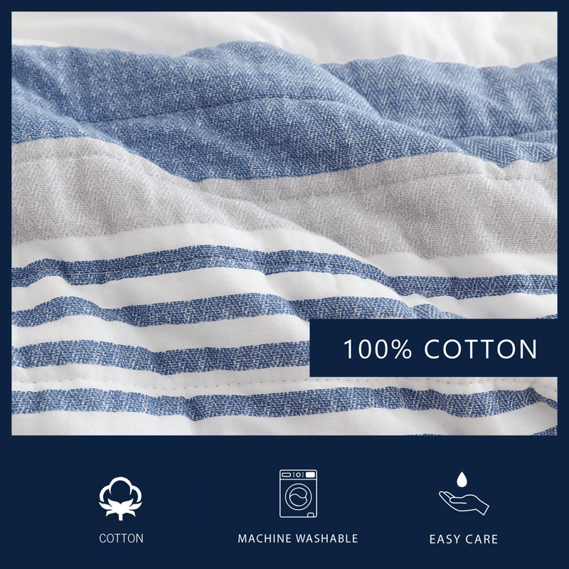 Fairwater Twin Blue Cotton Reversible Quilt Set