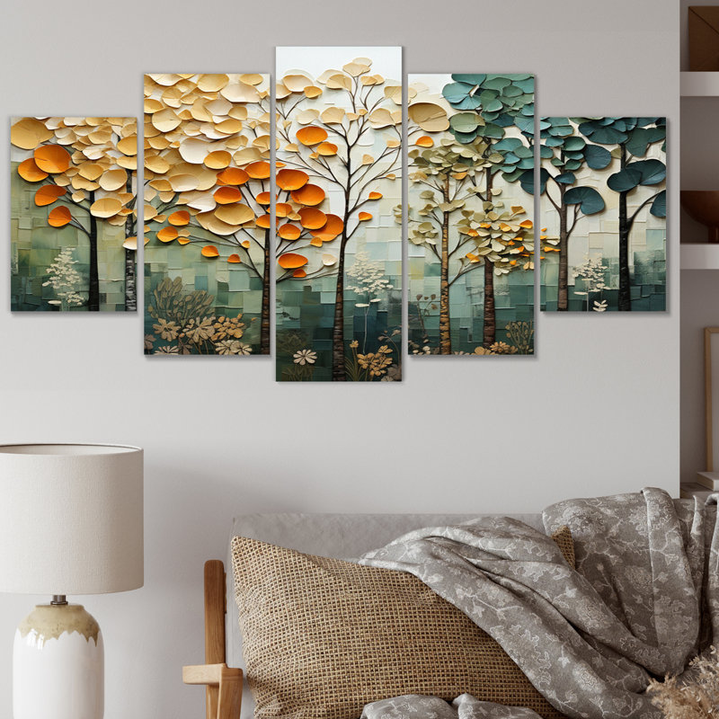 Orange orange, arbres verts, auvent en patchwork I - Paysage, art mural, salon, 5 panneaux