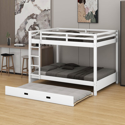 Queen Size Wood Bunk Bed With Ladder And Trundle, No Box Spring Required, Space-Saving