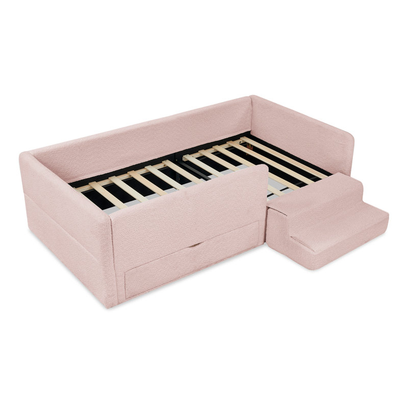 Lit simple pour enfant avec garde-corps et rangement, lit simple avec escabeau de sécurité, tissu Boucle, Rose