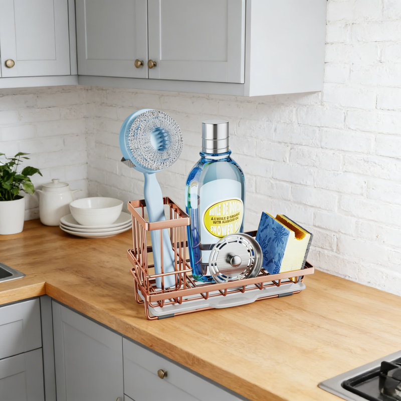Organisateur de bac d'évier avec ramasse-gouttes amovible et porte-brosse amovible, support en éponge en acier inoxydable pour l'organisation du comptoir de cuisine et un drainage efficace