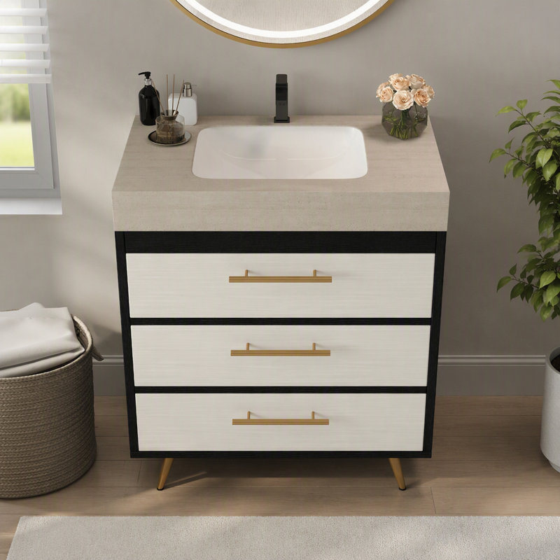 Meuble-lavabo autoportant moderne avec lavabo vasque en céramique et plateau en pierre frittée durable, Black; White