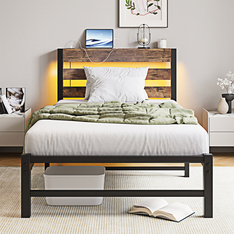 Platm Bed Frame With USB Charging Station, Beige/Brown