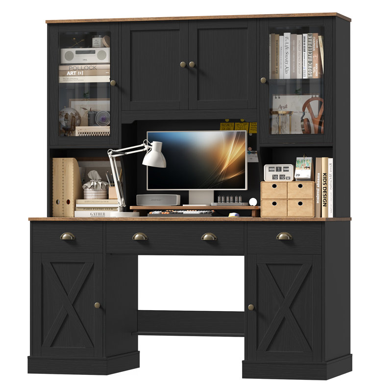 📚 Chewning 63"W X 74.8"H Computer Desk with Hutch & 3 Drawers, Farmhouse Office Desk with Storage Cabinets, Adjustable Shelves & Bookshelf Set