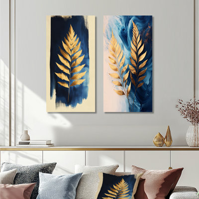 Duo Ferns in Gold and Blue Tones I – Botanical 2 Piece Large Metal Wall Art