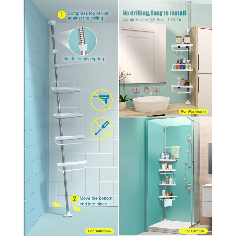 Corner Shower Caddy Tension Pole - Silver - Stainless Steel, Adjustable Corner Shower Organizer Shelf, Rustproof