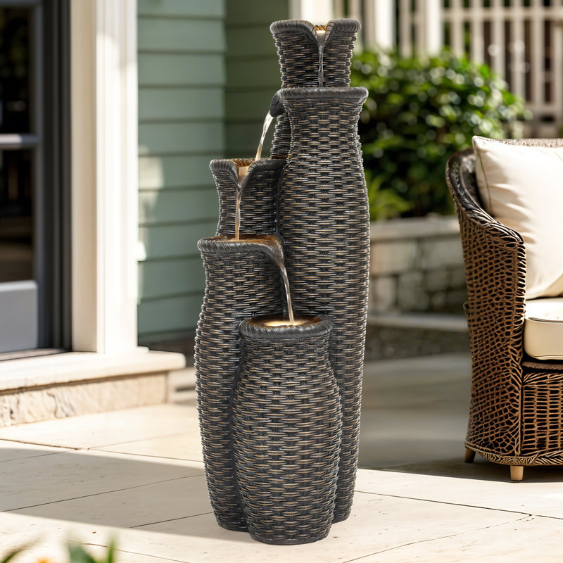 33"H Faux Rattan Vase Resin Outdoor Fountain with LED Light, Brown, 32.87" H x 12.01" W x 14.76" D