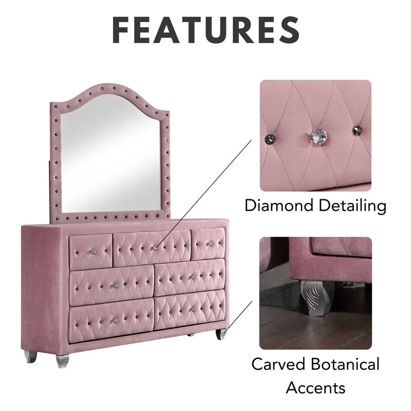 Waldschmidt Upholstered Standard Bedroom Set, Queen, Pink, 5 Pcs: Bed, 2 Nightstands, Dresser, Mirror