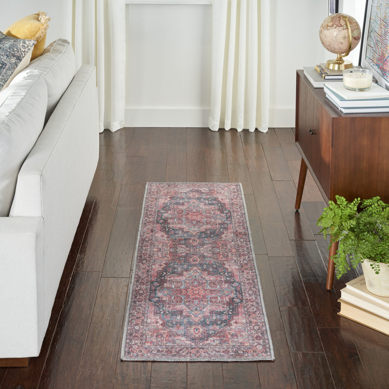 Machine Washable Oriental Blue/Brick Red Area Rug, Runner 2'2" x 10'