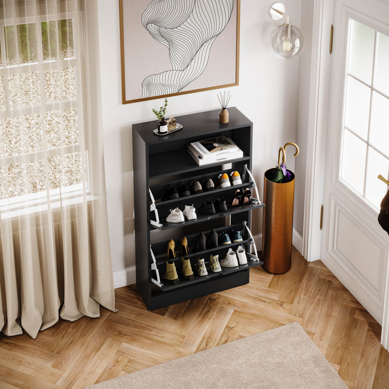 2 Drawer Shoe Cabinet with Open Shelf Modern Storage Furniture for Hallway Living Room Bedroom, Black