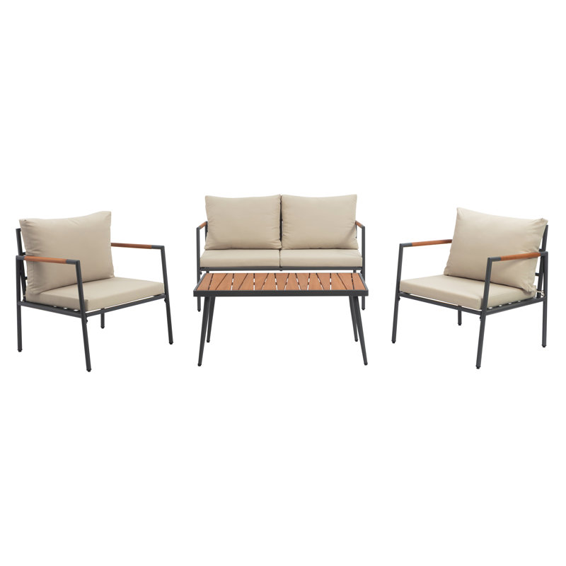 4-Piece Outdoor Conversation Set with Cushions and Coffee Table, Eucalyptus Wood Accents and Steel Frame