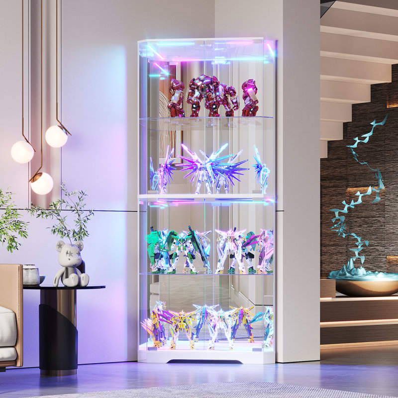 65'' H Glass Corner Display Cabinet With Color Led Light Modes And Motion Sensor, White