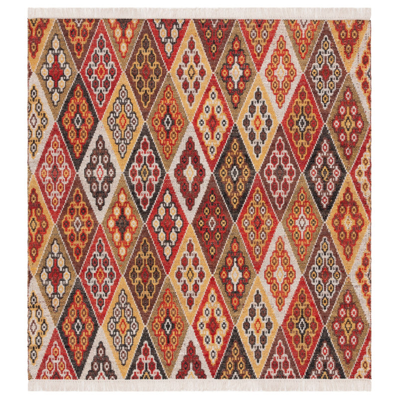 Kilim Flat Weave Wool Geometric Rug, Square 6'