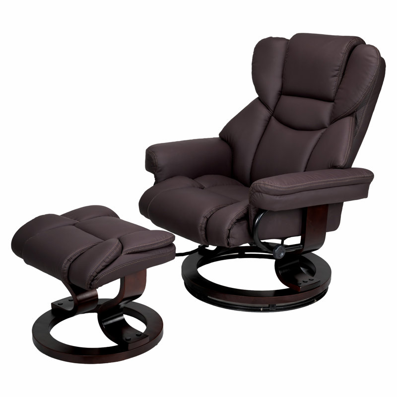 Fauteuil inclinable et repose-pieds 31 po contemporain en similicuir avec base pivotante en métal