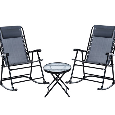 Grey 3 Piece Outdoor Rocking Chair With Folding Chairs And Glass Coffee Table For Patio, Yard, Deck, Backyard Outdoor, Patio Tempered Table, Grey, Deck