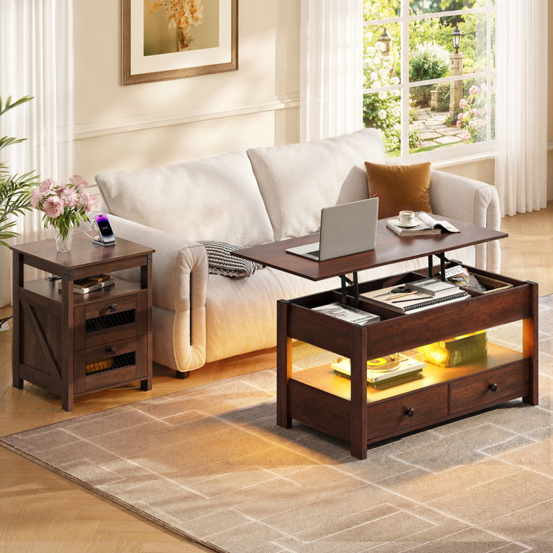 Ensemble de salon 2 pièces comprenant une table basse relevable et une table d'appoint avec chargeur, 2 tiroirs, un espace de rangement ouvert et des prises électriques, brun foncé