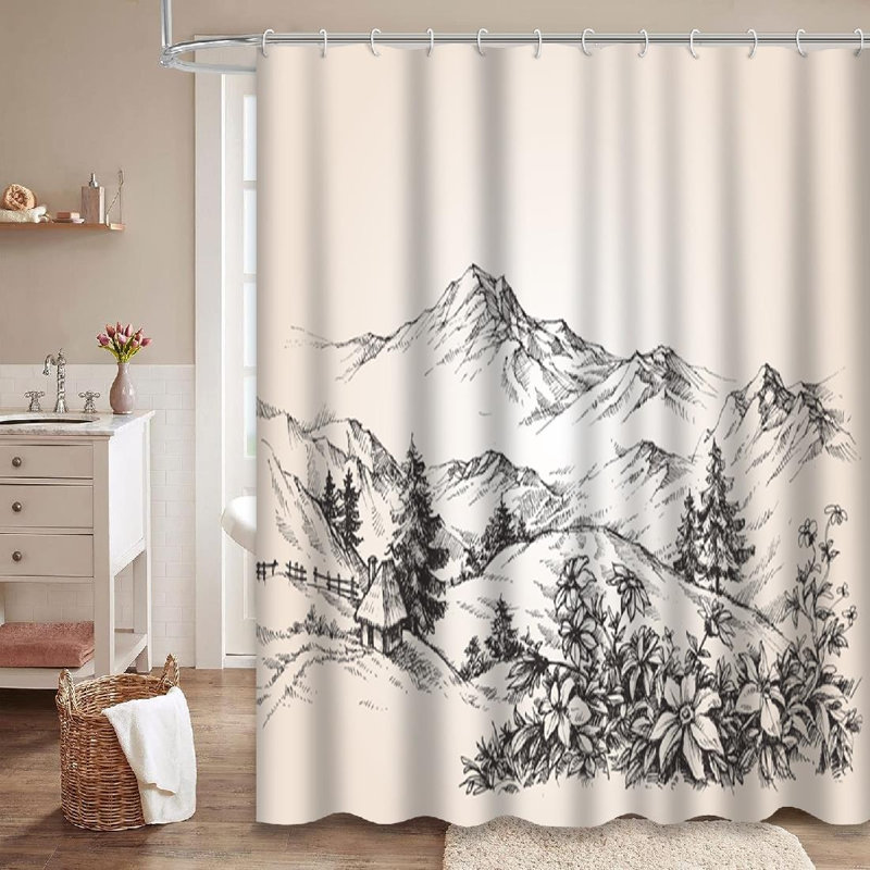 Mountains Landscape Pencil Sketch Nature Shower Curtain with 12 Hooks, L 72 po x l 78 po