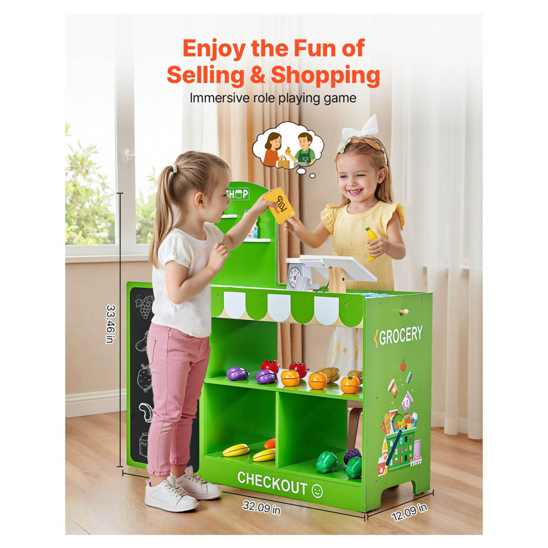 Ensemble de jeu d'épicerie en bois pour enfants avec caisse, scanneur et balance - Support de jeu interactif pour enfants