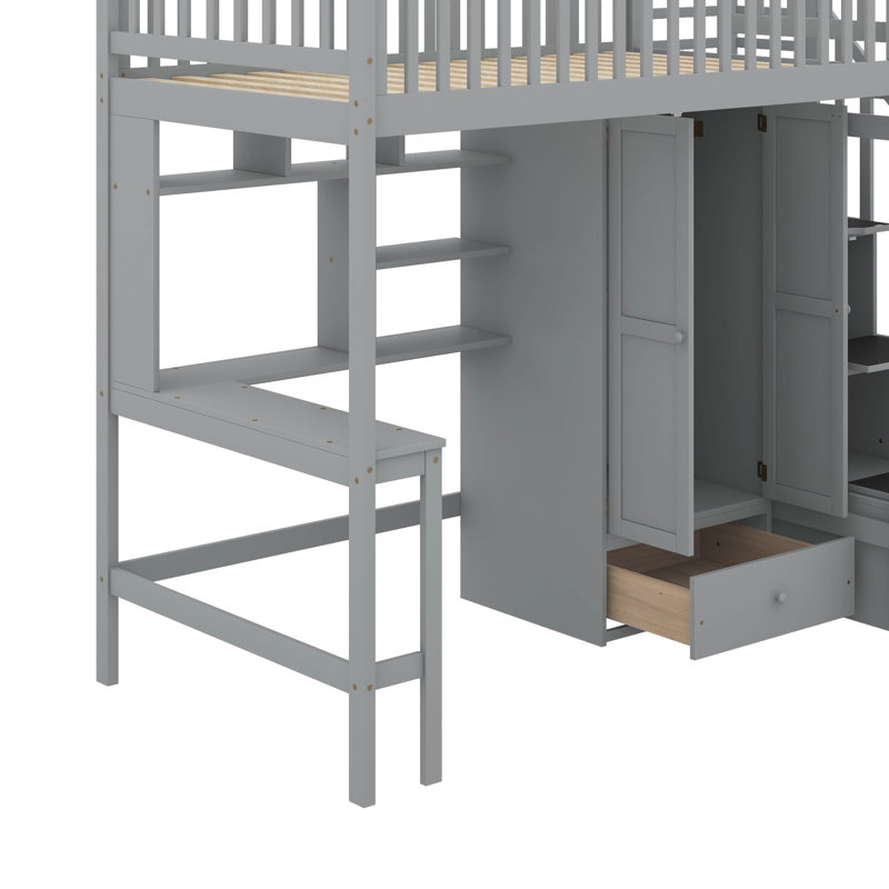 Lit mezzanine simple avec bibliothèque, tiroirs, bureau et garde-robe, Grey
