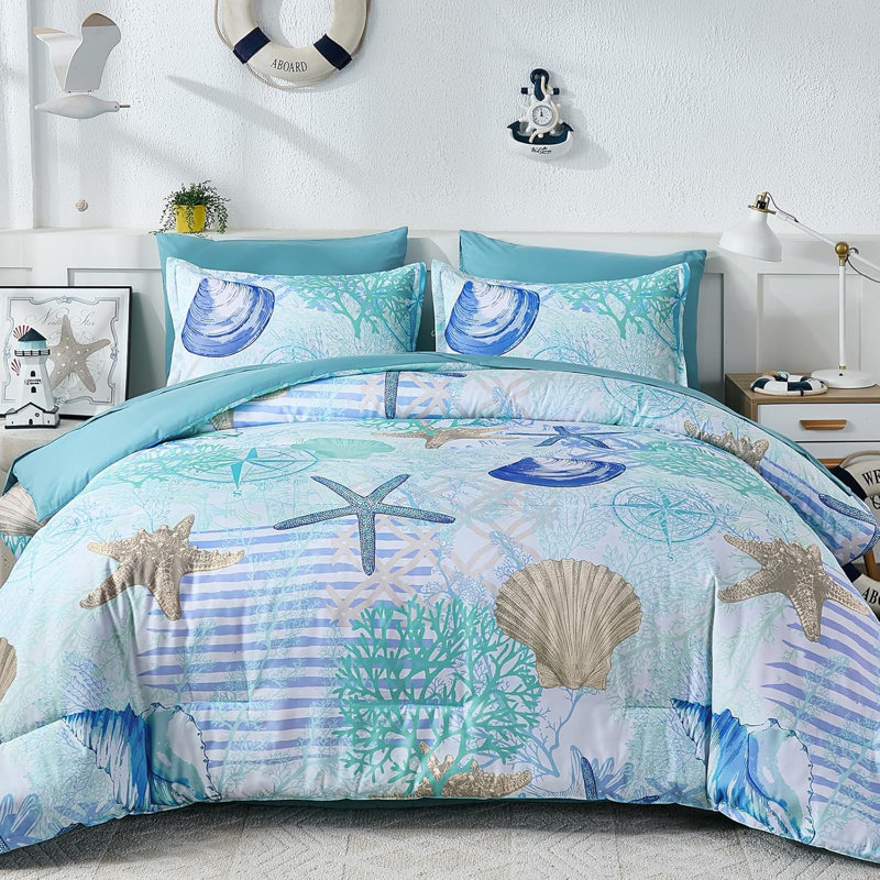 Ensemble d'édredon grand lit Coastal, lit dans un sac à thème corail de plage, ensemble de literie d'édredon doux 7 pièces océan et algues pour toutes saisons (90 po x 90 po)