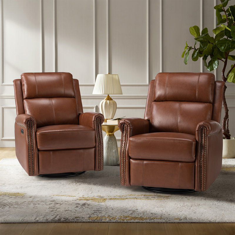 Inglenook 32" Wide Genuine Leather Power Swivel Standard Recliner Set Of 2, Brown