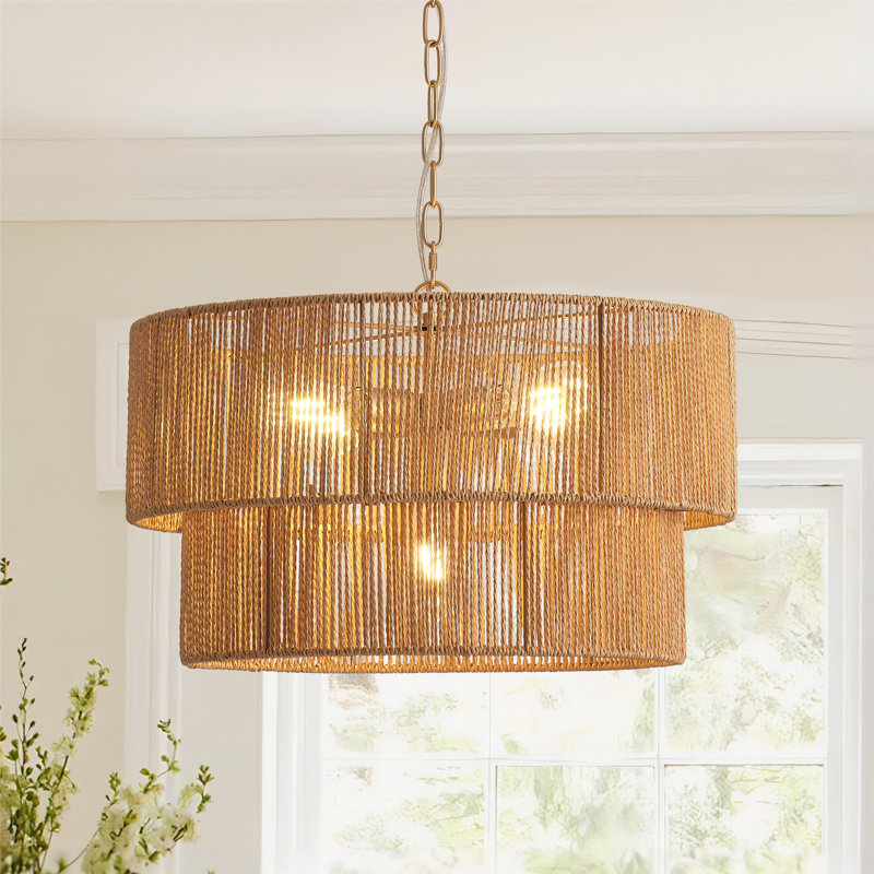 5-Lights Hand-Woven Rattan Pendant Light, Yellow