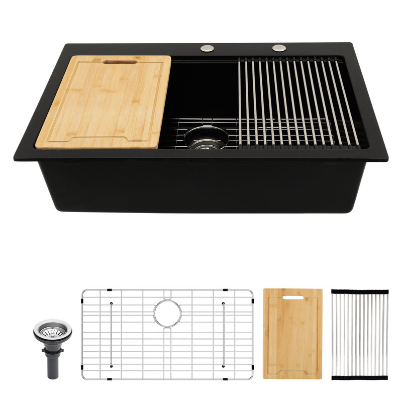 33X22" Black Quartz Workstation Drop - In Kitchen Sink, Made Of Quartz, Eliminates Noise, Hard And Non Scratch Surface, Comes With Installation Accessories Thick Stone For Quietness, Porous Surface