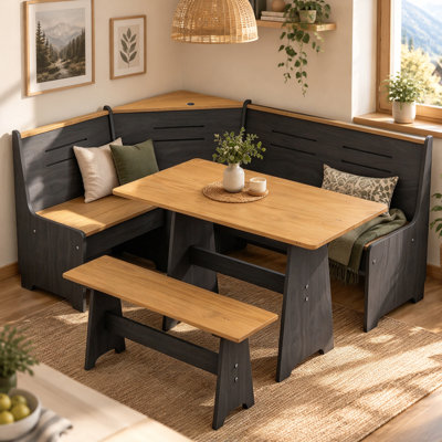 Corner Dining Table Set with USB Charging Station, Open Storage Shelves & Comfortable L-Shaped Bench for 3-4 People