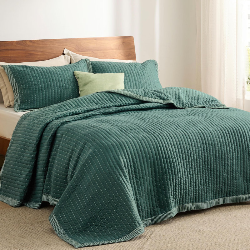 Bedspread Coverlet Lightweight Soft Quilt Bedding Set, Twin Quilt + 1 Standard Pillow Sham, Dark Green Corduroy