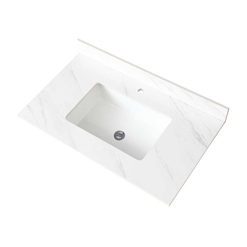 Bathroom Vanity Top 37 Inch White Sintered Stone With 4" High Backsplash And Rectangular Basin Sink 4-Inch Undermount