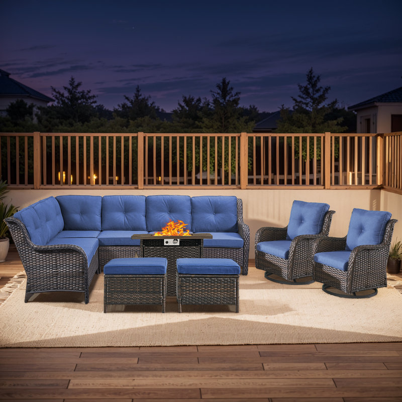 Ensemble de conversation pour patio pour 7 personnes Carolina Wicker avec coussins et foyer, Bleu, Brun