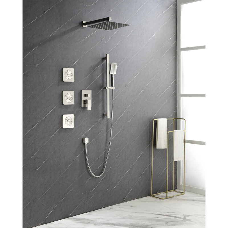 Shower System With Shower Head, Hand Shower, Slide Bar, Bodysprays, Shower Arm, Hose, Valve Trim, And Lever Handles
