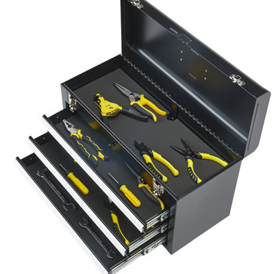 Boîte à outils portative noire de 20,5 po, 3 tiroirs, organisateur, verrouillage automatique, rails de roulement, charnière lisse rembourrée, tiroir coulissant, couvercle sécuritaire pour la protection