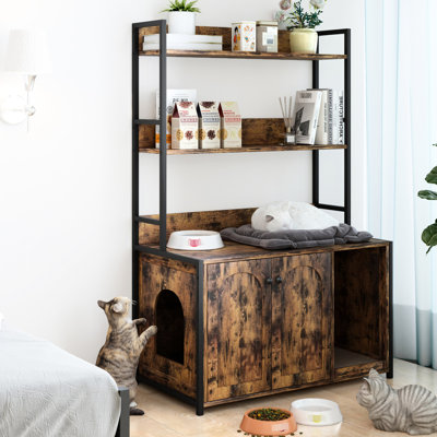 Grand bac à litière pour chat avec tablette de rangement, bloc-notes, nid d'intérieur, salle de bain cachée, 2 portes, armoire brune, tablette et lit double