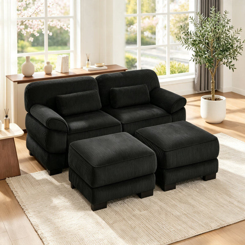 Canapé modulaire en U 76,4 po en velours côtelé modulaire noir, 2 repose-pieds et coussins épais, sans assemblage, Noir, Noir