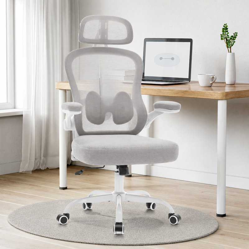 Chaise de bureau ergonomique en filet avec coussin épais, support lombaire réglable et accoudoirs rabattables, Gris