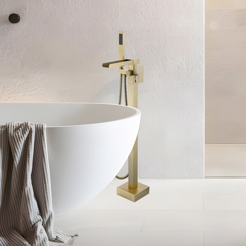 Robinet de baignoire à fixation au plancher à poignée simple avec douche à main, Or brossé