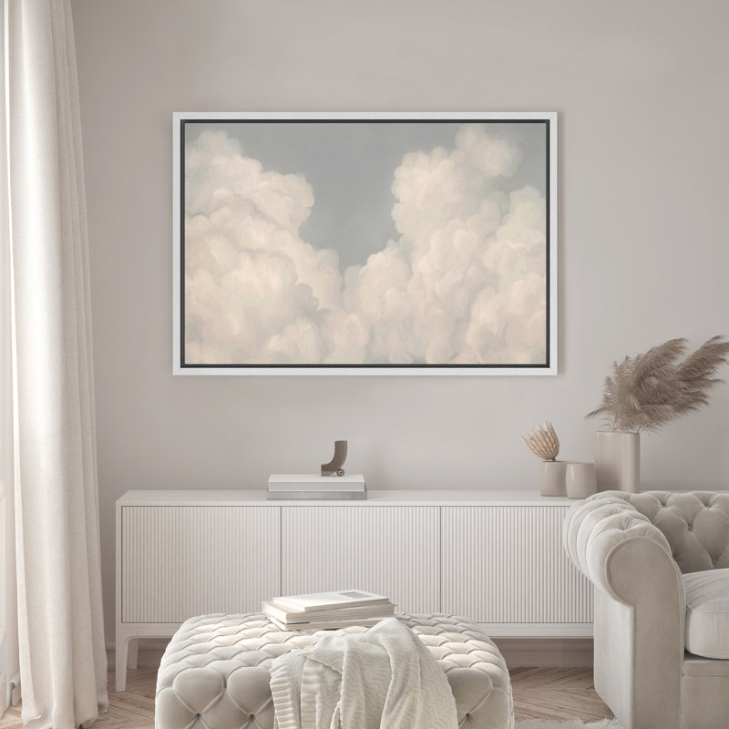 Framed Canvas Wall Art Print - Vintage Clouds Landscape Artwork Living Room Modern Minimalist Decor, 16" H x 24" W, White