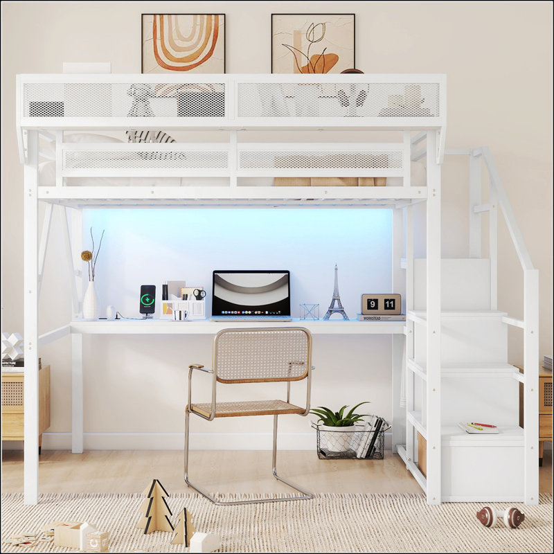Lit mezzanine double avec bureau et station de charge, Double