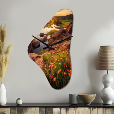 Yushin Oklahoma Wichita Mountains Sunset - Green Asymmetrical Metal Clock, Modern Irregular Shape Wall Clock Print