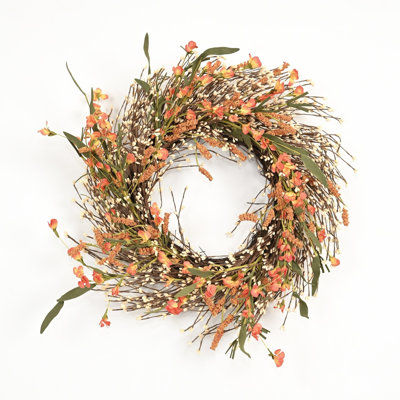 24" Artificial Rustic Twig Cluster Berry Wildflower Floral Wreath for Front Door Thanksgiving Decor