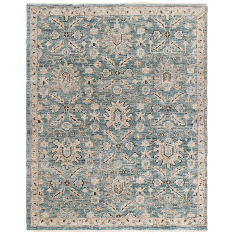 Oriental Hand-Knotted Blue / Beige Area Rug, Rectangle 8' x 10'