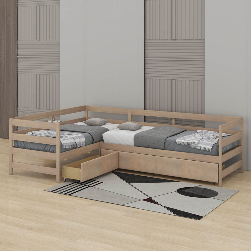 Lit plateforme simple en L avec 3 tiroirs, Naturel
