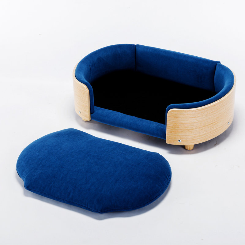 Canapé pour chien en bois massif Inira, Bleu foncé / naturel, L 30,7 po x P 20,08 po x H 9,85 po