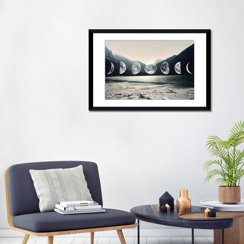 « moonlight montagnes », impression sur toile, H 16 po x l 24 po x P 1 po, Papier d'art encadré noir, Blanc