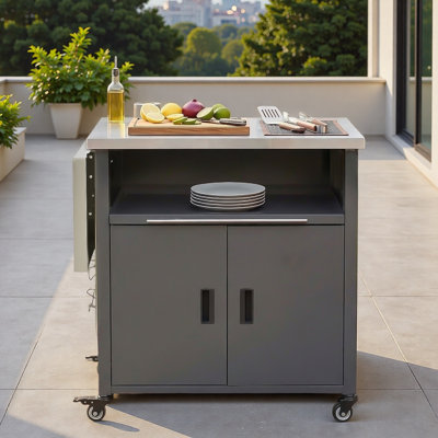 Outdoor Kitchen Island Grill Cart With Trash Rack, Foldable Top, Expandable Lron Panel And Storage Space