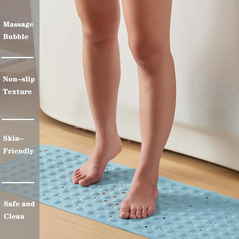 Tapis de bain pour douche: Tapis de bain en silicone doux antidérapant avec ventouses Tapis de bain pour salle de bain pour famille Tapis de douche très grand lavable à la machine - Bleu