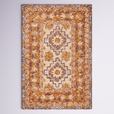 Tapis orange / beige en laine / coton touffeté à la main